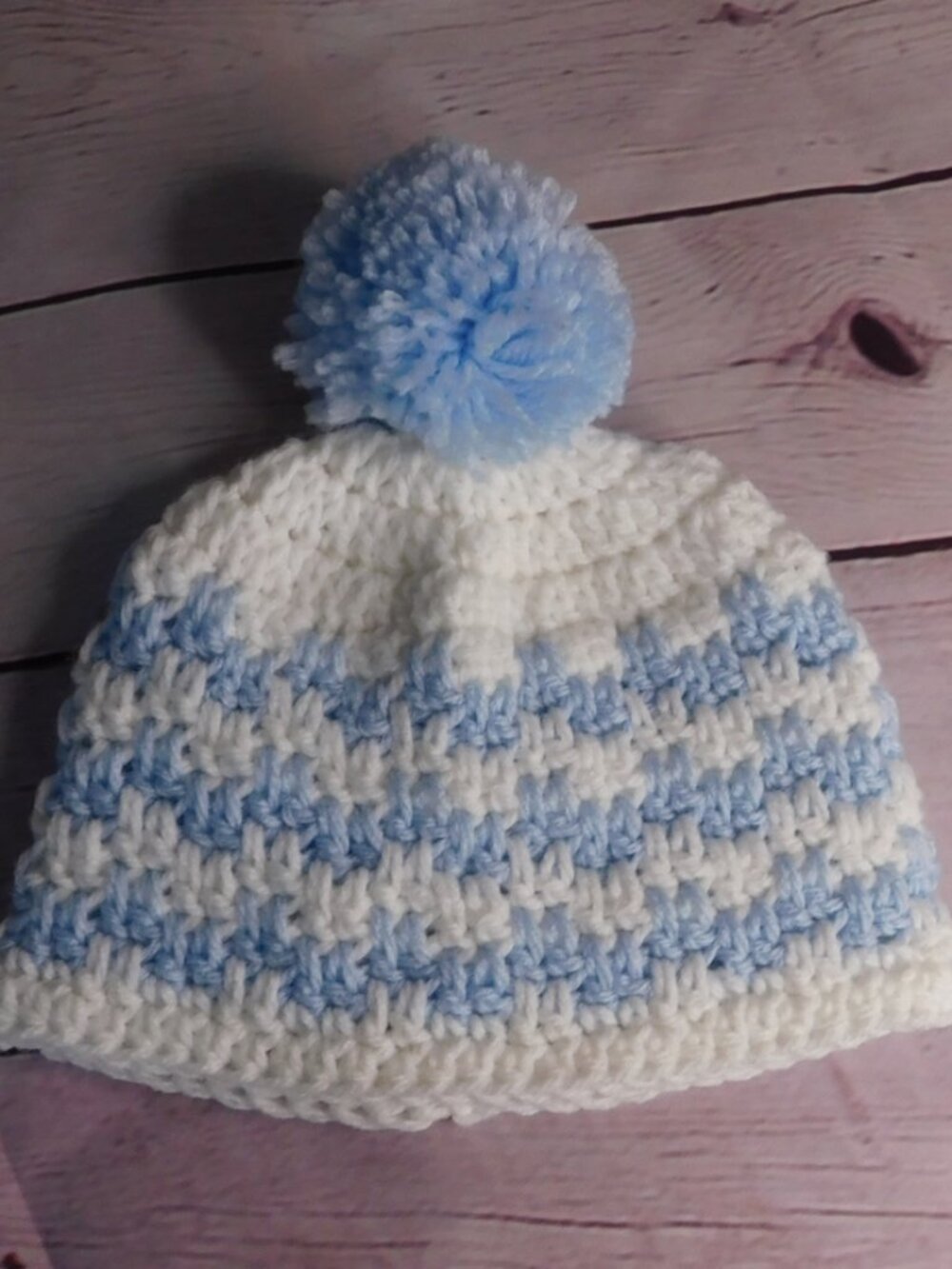 Crochet Blue Baby Hat with Pom Pom, Newborn Photo Prop (0-3 Months)